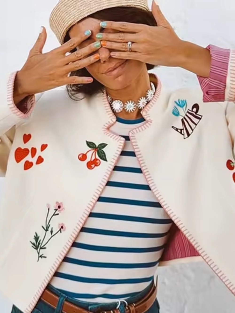 Zara NWT Embroidered Folk Cropped Jacket Ecru Cotton Size Small